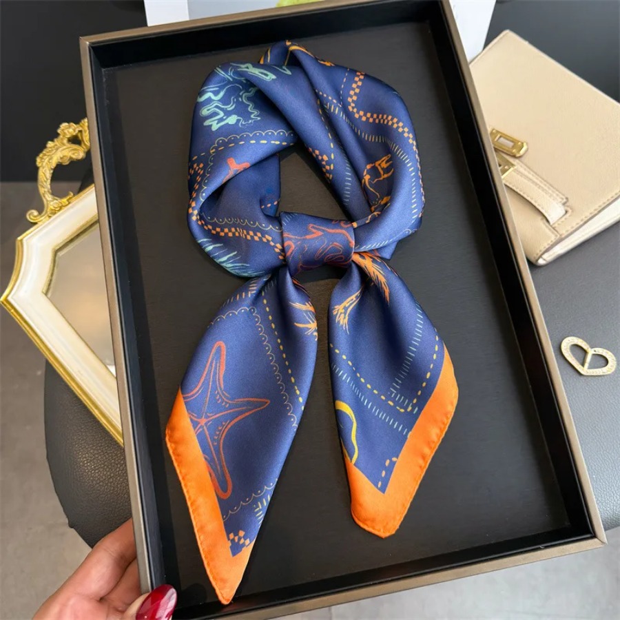 Bandana Cotton - Mavi Baskılı İpek Kare Eşarp Kadın